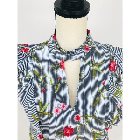 BCBGeneration Blue White Pinstripe Floral Embroidered High Neck Ruffle Top Small - Picture 5 of 12
